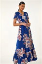 Blue Leaf Print Shirred Maxi Dress, Image 4 of 5