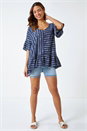 Navy  Striped Frill Hem Cotton Tunic Top, Image 2 of 5