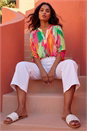 Pink Abstract Print V-Neck Button Up Blouse, Image 1 of 4