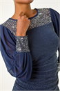 Navy  Sequin Yoke Mesh Sleeve Top, Image 5 of 5