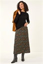 Orange Ditsy Floral Print Stretch Midi Skirt, Image 3 of 5