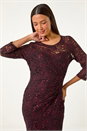 Wine Sequin Lace Ruched Stretch Dress, Image 4 of 5