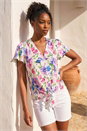 Blue Floral Print Tie Front Top, Image 1 of 4