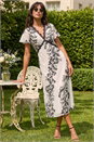 White Lace Trim V-Neck Chiffon Midi Dress, Image 1 of 4