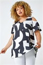 Black Curve Abstract Cold Shoulder Stretch Top, Image 2 of 5