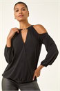 Black V-Neck Cold Shoulder Wrap Stretch Top, Image 4 of 6