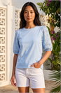 Blue Petite Embroidered Puff Sleeve Top, Image 1 of 4