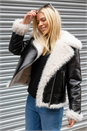 Black Contrast Faux Leather Aviator Coat, Image 4 of 4