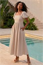 Coffee Stripe Puff Sleeve Midi Dress , Image 3 of 4