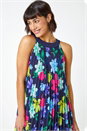 Navy  Halter Neck Floral Pleated Chiffon Swing Dress, Image 4 of 5