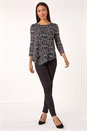 Black Linear Print Asymmetric Hem Stretch Top, Image 2 of 5