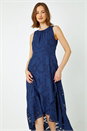 Navy  Sleeveless Jacquard Dipped Hem Midi Dress, Image 2 of 5