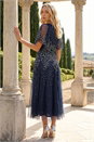 Navy  Sequin Angel Sleeve Midi Dress, Image 3 of 4