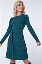Dark Green Leopard Print Belted Fit & Flare Dress, Image 1 of 5