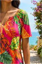Fuchsia Tropical Print Notch Neck Stretch Top, Image 4 of 4