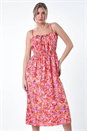 Orange Floral Print Shirred Midi Dress, Image 4 of 5