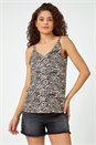 Black Animal Print Strap Detail V-Neck Cami Top, Image 1 of 5