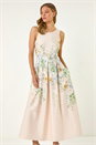 Cream  Floral Print Stretch Midi Dress, Image 4 of 5