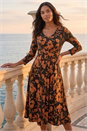 Tan Leaf Print Wrap Midi Dress, Image 1 of 4