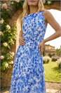 Blue Floral Print Pleat Neck Midi Dress, Image 4 of 4