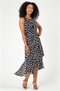 Black Petite Spot Print Frill Trim Asymmetric Dress, Image 3 of 5