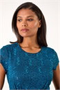 Teal Sequin Fluted Hem Lace Stretch Dress, Image 4 of 5