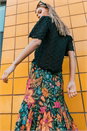 Black Floral Print Tiered A-Line Skirt, Image 6 of 7