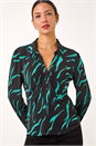 Teal Abstract Linear Print Stretch Blouse, Image 1 of 5