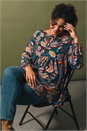 Teal Curve Floral Gathered Tie Front Top, Image 7 of 7