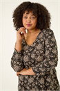 Black Curve Floral V-Neck Stretch Top, Image 4 of 5