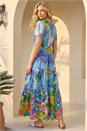 Blue Palm Print Tiered Button Dress, Image 3 of 4