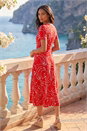 Red Floral Print Twist Front Stretch Dress, Image 3 of 4