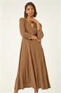 Taupe Textured Wrap Midi Dress, Image 2 of 5