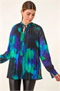 Blue Watercolour Tie Neck Pleated Blouse, Image 1 of 5