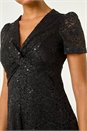 Black Sequin Lace Twist Front Midi Dress, Image 5 of 5