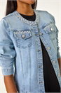 Light Denim Pearl Detail Collarless Jacket, Image 5 of 5