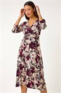 Burgundy Floral Print Midi Wrap Dress, Image 2 of 5