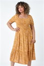 Yellow Curve Printed Crinkle Shirred Midi Dress, Image 4 of 5