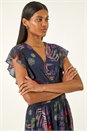 Navy Floral Print Frill Midi Dress, Image 4 of 5
