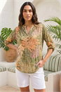 Khaki Leaf Print Burnout Shirt, Image 1 of 4