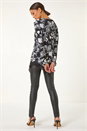 Black Floral Print Chiffon Hem Stretch Top, Image 3 of 5
