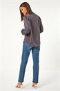 Grey Satin Ruffle Front V-Neck Top, Image 3 of 5