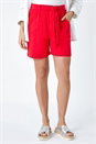 Red Textured Elastic Tie Waist Cotton Shorts, Image 4 of 7