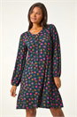 Teal Floral Print Jersey Stretch Swing Dress, Image 4 of 5