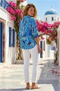 Blue Leaf Print Pleated Collared Top, Image 3 of 4