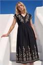 Black Embroidered V-Neck Midi Dress, Image 2 of 4