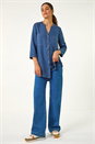 Denim V-Neck Longline Button Up Detail Blouse , Image 3 of 5