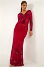 Red Starburst Sequin Stretch Bodycon Maxi Dress , Image 3 of 7