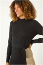 Camel  Contrast Panel Belt Knitted Dress, Image 4 of 5