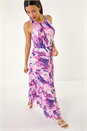 Purple Blurred Print Pleated Maxi Dress, Image 2 of 5
